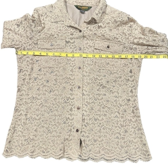 Eddie Bauer 1920 Lace Sheer Button Up Tan Blouse Size M Women - Picture 5 of 9